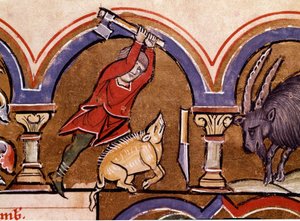 Kalender: November. Die Schweine werden geschlachtet (Detail einer Miniatur aus „Das Psalter der Heiligen Elisabeth“)