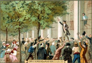 Camille Desmoulins im Palais Royal (12.07.1789). Chromolithographie 19. Jahrhundert - Französische Revolution/Camille Desmoulins ruft zum Sturm auf die Bastille, Paris von Unknown artist