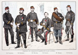 Hauptleute der mobilisierten Friedenswächterkompanien, von links nach rechts: Herr Toquenne, Herr Rousseau, Herr Mennier, Herr Rochut, Herr Thomas, Herr Blavier. Farbradierung zur Illustration „Geschichte des Friedenswächterkorps“ Buch veröffentlicht unter von Unknown artist