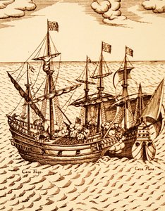 Eroberung der spanischen Galeone Cagafuego durch die Golden Hind unter der Führung von Francis Drake im März 1579 (Gravur) von Unknown artist