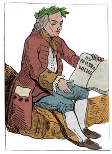 Spielkarte der Französischen Republik (1793) veröffentlicht im Nationalkonvent am 21.09.1792, nach dem Sturz der Königreiche: die Figur des Philosophen in den Zügen von Jean-Jacques Rousseau „zum Gesellschaftsvertrag“ (1712-1778)