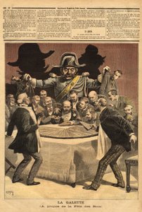 Karikaturillustration „la galette“, über das Fest der Könige, bei dem der Bankier den Kuchen schneidet, alle stürzen sich darauf, um ein Stück zu bekommen und finden statt einer Bohne den Gendarmen. Gravur in „Le petit journal“ 7/01/1893. Sammlung Selva. von Unknown artist