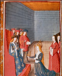 Karolingische Dynastie: „Karolingischer König Karl II., genannt der Kahle (823-877), übernimmt das westliche Reich nach dem Tod seines Vaters Ludwig der Fromme im Jahr 840“. Miniatur aus „Les grandes Chroniques de France“ 15. Jahrhundert Turin, Nationalbib