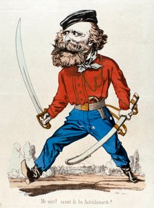 Karikatur von Giuseppe Garibaldi, italienischer Patriot und Held des Risorgimento, rufend „Me voic! ou sont les Austrihemards“. Gravur des 19. Jahrhunderts. Private Sammlung