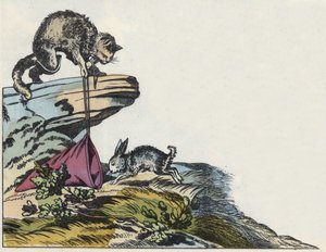 Der Kater fängt ein Kaninchen. Illustration des Märchens „Der gestiefelte Kater“ von Charles Perrault