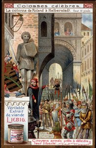 Berühmte: Rolandsäule (Höhe 16 Fuß) in Halberstadt (Deutschland); Bürger bewaffnet, um ihre Freiheit zu verteidigen von Unknown artist