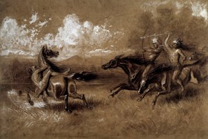 Angriff von Indianern zu Pferd gegen einen Feind eines anderen Stammes. Anonyme Zeichnung aus dem 19. Jahrhundert. La Rochelle, Musée du Nouveau Monde