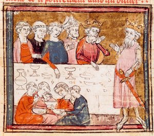 Karl der Große (742-814) und sein Neffe der Reiter Roland bei einem Bankett mit den Armen. Miniatur aus „Grandes Chroniques de France“ 1375-1379 Städtische Bibliothek, Castres