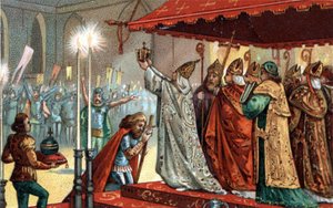 Karl der Große (742-814) gekrönt von Papst Leo III. (ca. 750-816) in der Petersbasilika in Rom am 25. Dezember 800