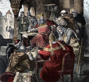 Karl der Große (742 - 814) auf seinem Thron, der die Palastakademie leitet (Stich)
