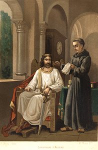 Karl der Große (747-814), König der Franken und Kaiser des Westens, und Alkuin (ca. 781). Nach „La Ciencia y sus Hombres“ von Louis Figuier. Barcelona 1881
