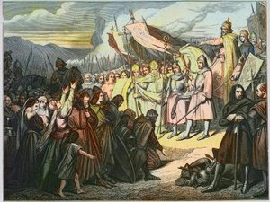 Karl der Große akzeptiert Wittekinds Kapitulation in Paderborn (785) - Sieg von Karl dem Großen (742-814) über den sächsischen Arm von Widukind von Sachsen (Wittekind) im Jahr 785 (Widukind oder Witikind - Widukind der Sachsenkriege: germanischer Anführer 