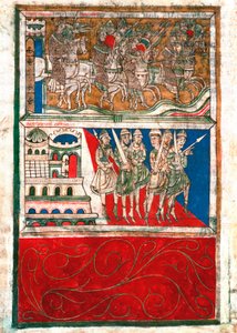 Karl der Große und seine Ritter verlassen Aachen und gehen nach Santiago de Compostela. Miniatur aus „Codex Calixtinus“ (Buch des heiligen Jakobus), um 1140. fol. 162 v. Archive der Kathedrale von Santiago de Compostela, Spanien