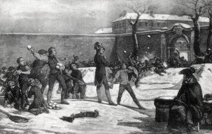 Kindheit von Napoleon I. Bonaparte (1769 - 1821) an der Militärschule von Brienne le Chateau (Aube) im Jahr 1782: Napoleon mitten in einer Schneeballschlacht zwischen Kindern.