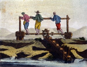 China. Wassertransport in Reisplantagen von einem Niveau zum anderen - in „Das alte und moderne Kostüm“ von Jules Ferrario