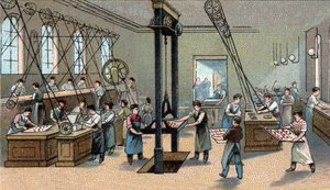 Schokoladenherstellung: Formen. Chromolithographie aus dem späten 19. Jahrhundert. von Unknown artist