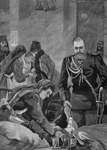 Cholera in Russland 1892: Alexander III., Kaiser von Russland und seine Frau Maria Feodorovna, Kaiserin von Russland, besuchen ein Krankenhaus. Gravur von 1892
