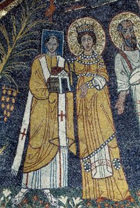 Christus unter St. Paulus, St. Cäcilia, St. Pascal, St. Peter, St. Valeriano und St. Agata (Mosaik, 821)