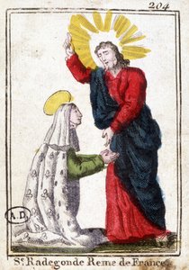 Christus und die heilige Radegunde (ca. 520 - 587), Königin von Frankreich, Ehefrau von Chlothar I. Frommes Bild. Gravur aus dem frühen 19. Jahrhundert. Bibliothèque des Arts Décoratifs de Paris. von Unknown artist