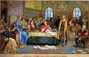 Christoph Kolumbus am Hof von Isabella I. von Spanien, genannt die Katholische oder Kastilien. Chromolithographie des 19. Jahrhunderts