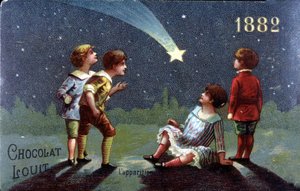 Chromolithographie Chocolat Louit von 1882. Kinder wünschen sich etwas beim Erscheinen des Sterns