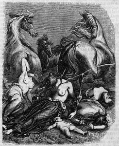 Cimbres-Krieg um 120 v. Chr.: Frauen, Älteste und Kinder des Ambronen-Stammes werfen sich unter feindliche Pferde oder sterben, um der Sklaverei durch die Römer zu entgehen.