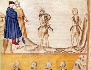 Kreis der Diebe: Vanni Fucci prophezeit Dante und Virgil die Niederlage der Weißen Guelfen. Illustrierte Seite aus dem 24. Gesang der Hölle aus der „Göttlichen Komödie“ von Dante Alighieri