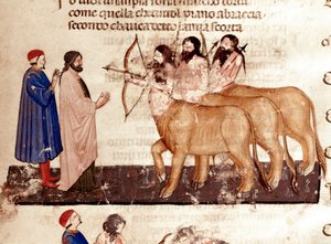 Kreis der Gewalttätigen: Dante und Virgil treffen Zentauren mit Bögen und Pfeilen. Illustrierte Seite des 7. Gesangs der Hölle aus der „Divina Commedia“ von Dante Alighieri (1265-1321). 14. Jahrhundert, Venedig, Biblioteca Marciana