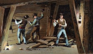 Kohlebergwerk in Frankreich Ende des 19. Jahrhunderts: Holzgalerie. Chromolithografie des späten 19. Jahrhunderts
