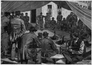 Hahnenkampf in Belgien im Jahr 1888 im „Journal de la jeunesse“ von 1888