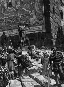 Cola di Rienzo (1314-1354), in der Kampagne, um Tribun des römischen Volkes zu werden, erklärt dem Volk von Rom die Fresken, die er im Kapitol installiert hatte, die das Leiden Roms in einem entfesselten Meer umgeben von Troja, Jerusalem, Karthago und Ba