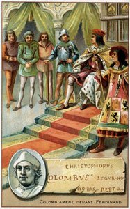 Kolumbus (mit gefesselten Händen) vor Ferdinand gebracht - Chromolithographie des 19. Jahrhunderts