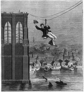 Bau der Brooklyn Bridge in New York: Herr Farrington, Chefmechaniker des Baus, bewegt sich von einem Pfahl zum anderen mit dem ersten gespannten Draht (25. August)