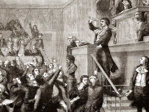 Konvention vom 21. September 1792: Jean Paul Marat am Rednerpult - Gravur in „Geschichte Frankreichs“ von Henri Martin