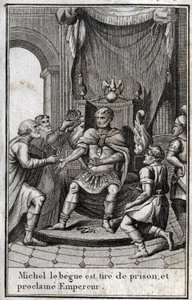 Krönung von Michael II. dem Amorianer (der Stotterer) (770-829) als byzantinischer Kaiser nach seiner Freilassung aus dem Gefängnis im Jahr 820. Er ist der Gründer der amorischen Dynastie. Gravur in „Beaute de l