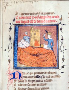 Paar im Bett, eine Königin tötet ein Kleinkind, und eine andere Person zündet ein Haus an, Seite aus dem Manuskript "Der Roman de la Rose" von Guillaume de Lorris (um 1200-1238) und Jean de Meun (1240-1305) um 1365, Universitätsbibliothek