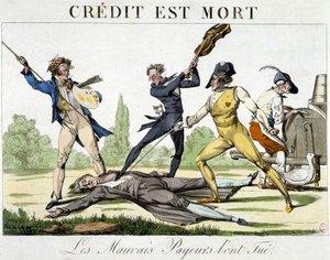 Der Kredit ist tot: schlechte Zahler haben ihn getötet - Karikatur um 1820
