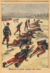 Krabbelmanöver in der Armee, Experimentieren mit neuen Tamponarmbändern, die die Handflächen schützen. Gravur in „Le petit journal“ 16/08/1896. Selva Sammlung. von Unknown artist