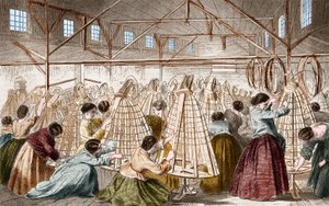 Krinolinenfabriken: Reifen legen. Gravur von 1865.