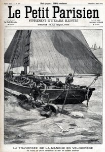 Überquerung des Ärmelkanals im Velociped: Ein Fischerboot sammelt Georges Pinkert auf, der gewettet hatte, den Ärmelkanal mit dem von ihm erfundenen Wasser-Velociped zu überqueren. Gravur in „Le Parisien“