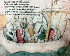 Kreuzritter auf einem Boot. Illustration für das toskanische Gedicht „Febusso e Breusso“ Manuskript MS.B.R.45. 15. Jahrhundert Florenz, Nazionale Bibliothek