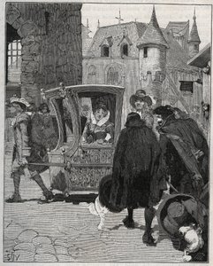 Besteck: Schiffer umringen den Stuhl von Marie de Rabutin-Chantal, Marquise de Sevigne, um ihm beim Eintreffen in Nogent (Haute Marne) im Jahr 1675 Messer zu verkaufen. Gravur von 1885 in „Les arts et metiers illustres“