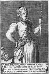 Dame Kenau Simonsdochter Hasselaer (1526-1588), die Heldin von Haarlem (Holland) während des Kampfes gegen die Spanier im Jahr 1572. Gravur des 17. Jahrhunderts, vergleichbar mit Judith von Holofernes
