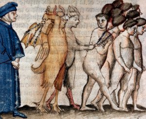 Dante trifft Venedico Caccianemico im Kreis der Zuhälter (Gesang 18 der Hölle, in der Göttlichen Komödie) - Miniatur 15. Jahrhundert von Unknown artist