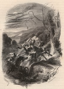 Tod von Indutiomarus, Anführer der Treverer, getötet von der römischen Armee im Jahr 53 v. Chr. Gravur von 1868 in „Histoire de Belgique von den frühesten Zeiten bis zum Ende der Herrschaft von Leopold I.“ von Theodore Juste (1818-1888). Private Sammlung. von Unknown artist