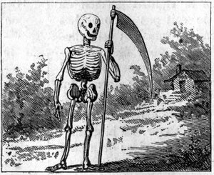 Der Tod dargestellt mit einer Sense. Gravur von 1860.