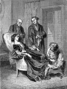 Tod des Mädchens Hannah Greener im Alter von fünfzehn Jahren nach einer der ersten Chloroform-Anästhesien am 28.01.1848. Gravur von 1869. von Unknown artist