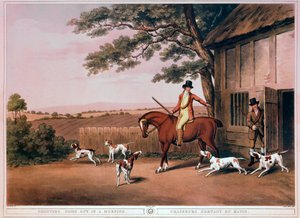 Aufbruch zur Jagd am frühen Morgen eines Jägers und seiner Hunde in England. Gravur des 19. Jahrhunderts. Gien, Jagdmuseum