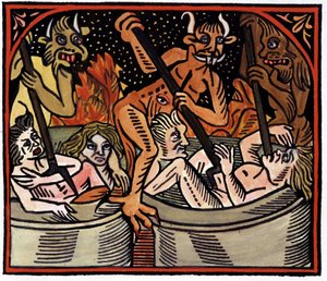 Teufel kochen Menschen in Kesseln in der Hölle von Unknown artist