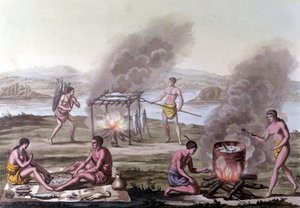Ess- und Kochszene unter den Florida-Indianern. Gravur aus dem 17. Jahrhundert.